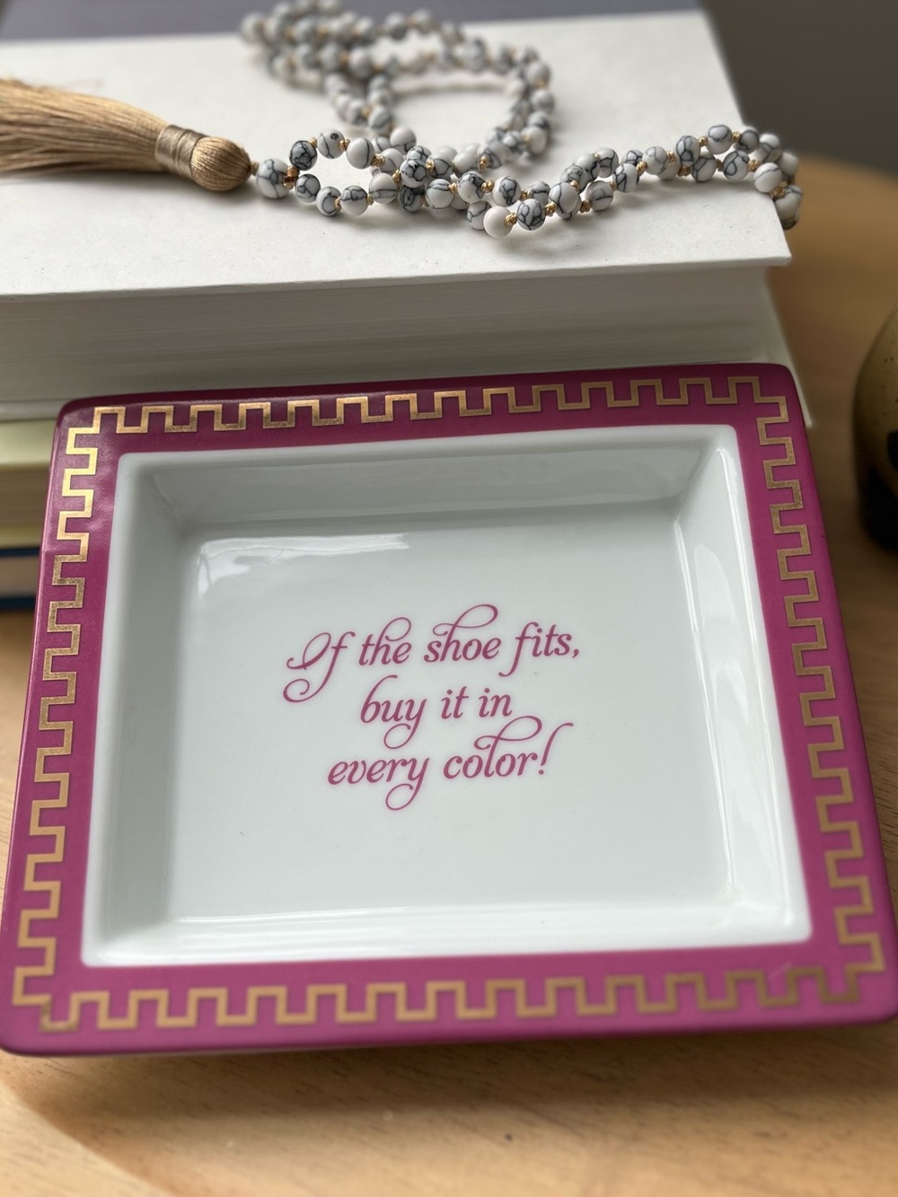 Two's Company White and Pink Porcelain Trinket Tray